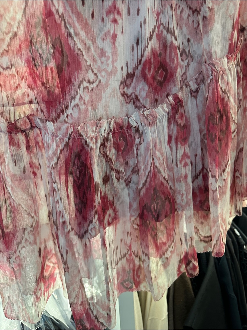Zimmermann Pink and White Ikat-Print Sheer Ruffle Blouse - Picture 2 of 5